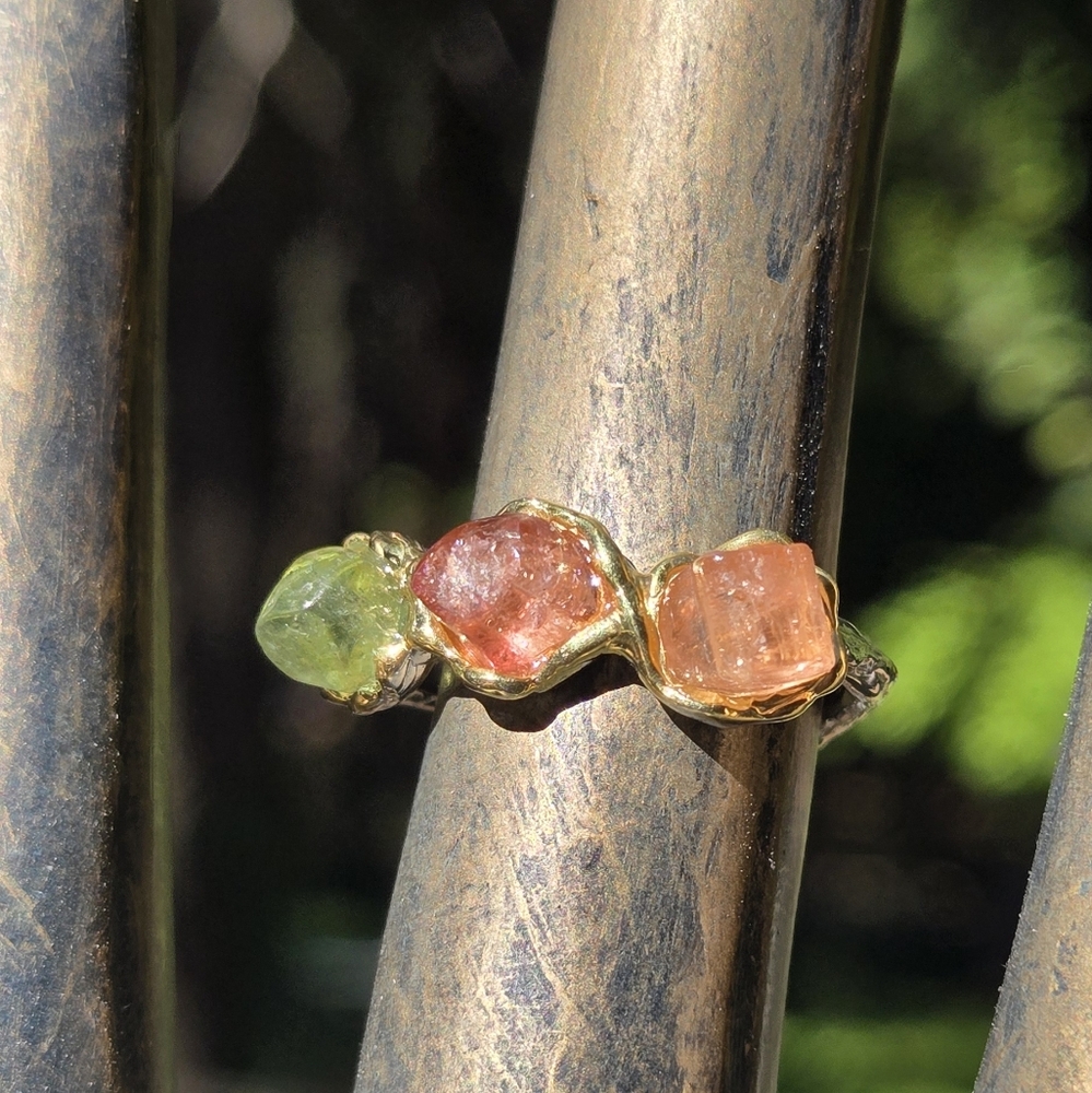 Tourmaline Natural Tri-color Gemstone Sterling & Gold Ring Sz7 - Picture 4 of 8